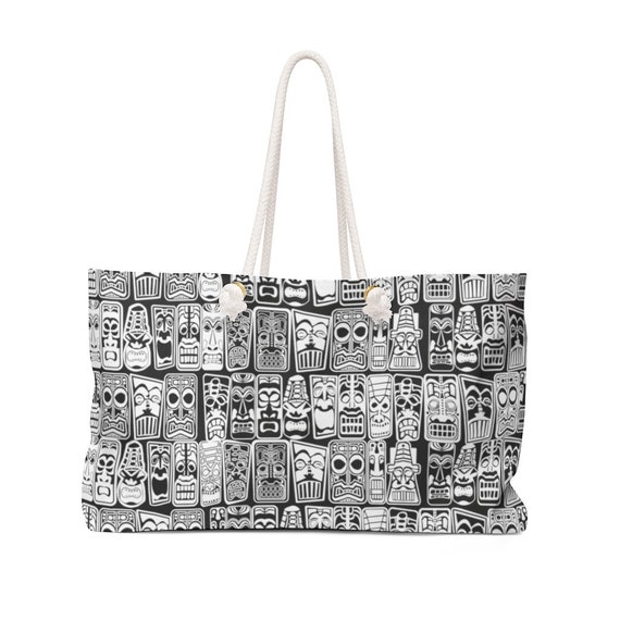 Retro Tiki Weekender Bag. Mid Century Modern , Come Fly Away, Let's Go on a Trip!  WHITE on BLACK