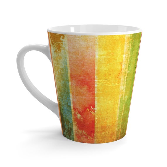 Retro distressed Stripes Orange, Yellow Red Green, Mid Centery Modern Latte mug
