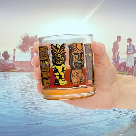 Retro Rocks Glass, Tiki Gods Trio on Rocks / Bar Glass, Mid Century Modern Tiki Bar, 1950's Drinking Glass Tiki 10oz Whiskey Glass