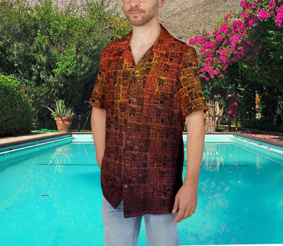 Retro Tiki Volcano Hawaiian Shirt: Mid-Century Modern Orange Button-Down
