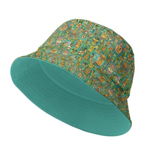 Retro Tiki Gods Green Bucket Hat for Mid Century Modern Summers, Double Sided for Beach, Pool ....