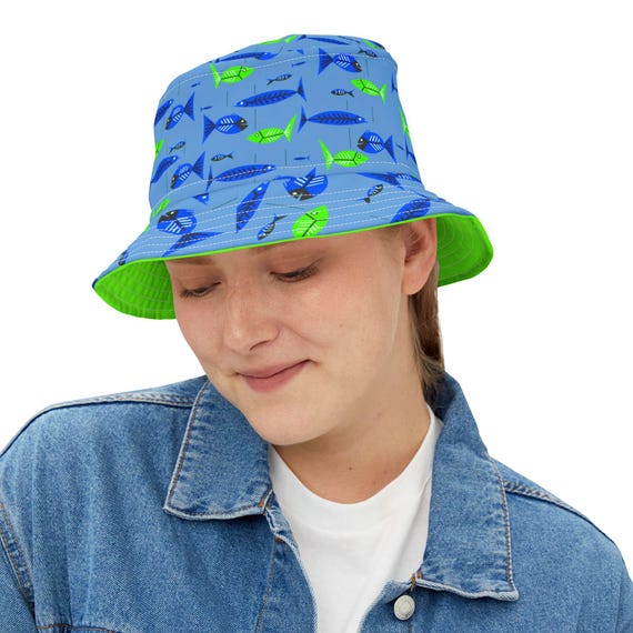Retro Fish Pattern Bucket Hat, Fun Summer Accessory, Beach Gift for Fishermen, Fishing Vacation Essential, Fish Lover Hat