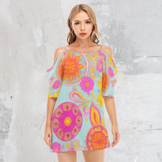 Retro 60's Psychedelic Off-shoulder Cami Dress, Perfect Mid Century Modern  Party Dress