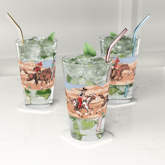 Cowboy Retro 16oz Mixing Glass, Vintage Western Fan Gift, 1940s Wallpaper Pattern Pint Glass, Barware Decor, Drinkware Accessories