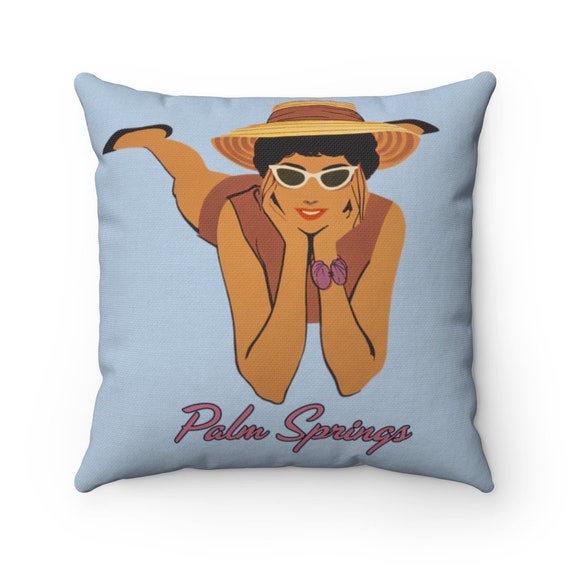 Blue Retro Mid Century Modern Palm Springs Resting Model on Spun Polyester Square Pillow Case, MCM 50's Desert Fashion in 5 Sizes