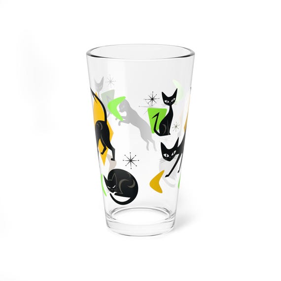 Mid-Century Modern Cats playing on Pint I Mixing Glass 16oz | Retro Cat Lover favorite