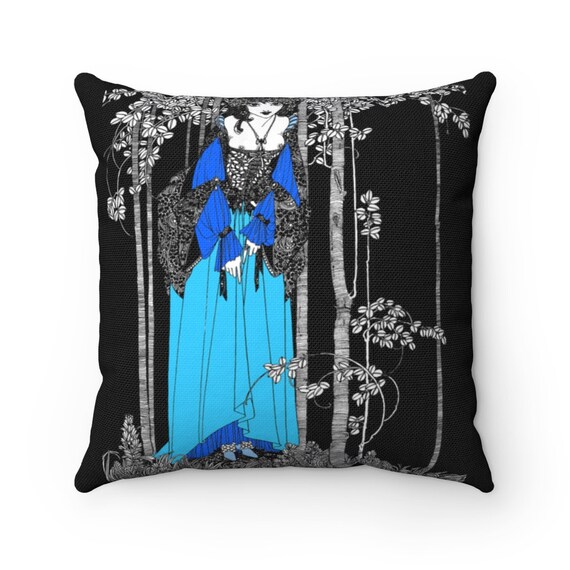 Art Nouveau Aubrey Beardsley drawing on a Spun Polyester Square Pillow Case, Blue on Blue