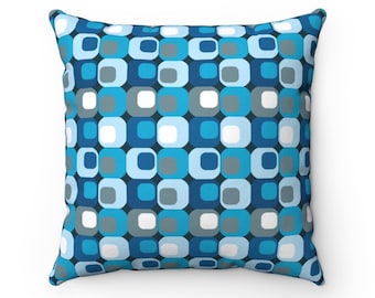 Retro Mid Century Modern Blue on Blue on Gray  Spun Polyester Square Pillow Case, 2 patterns, 4 sizes