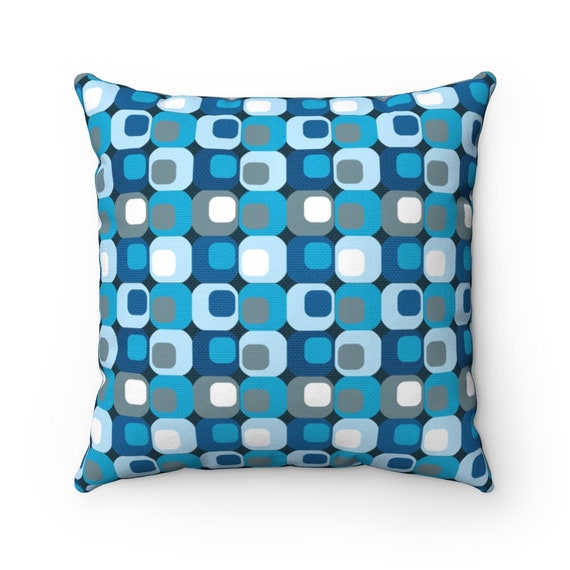 Retro Mid Century Modern Blue on Blue on Gray  Spun Polyester Square Pillow Case, 2 patterns, 4 sizes