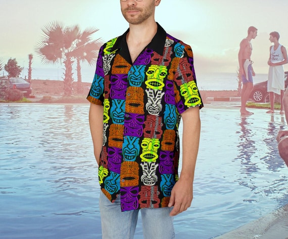 Retro Tiki Heads Hawaiian Shirt: 1950s MCM Design, Beach Party