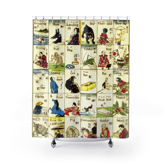 Japanese print, Tsunajima Kamekichi, Fashionable Melange of English Words from 1887, Shower Curtain