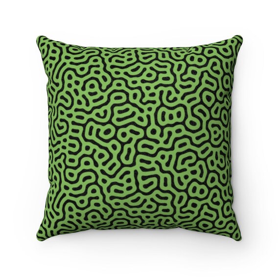 Retro 80s Faux Suede Square Pillow Case, New Wave Memphis Design style GREEN and BLACK