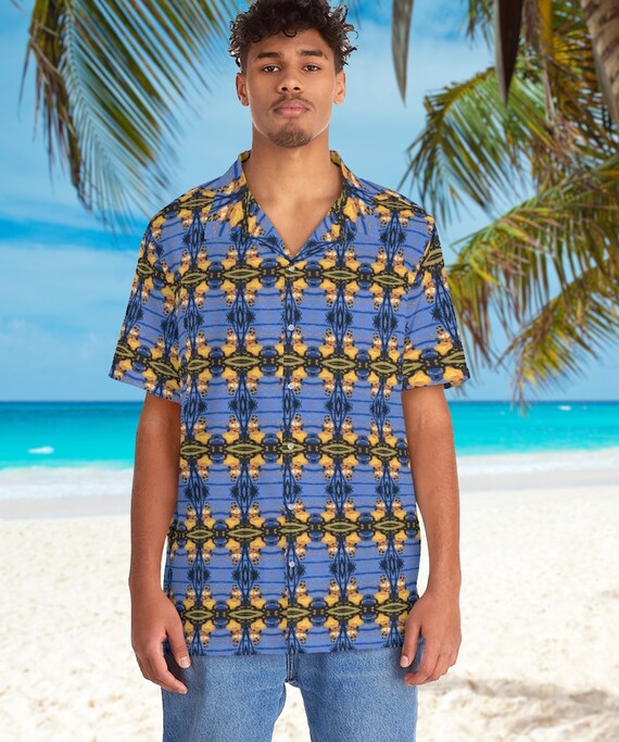 Retro Tiki Ukulele playing Hula Girl on Men's Hawaiian Shirt Mid Century Modern Tropical for your Tiki Party or MCM life.