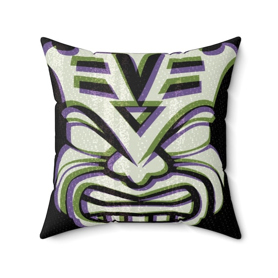 Retro TIKI HEAD on Spun Polyester Square Pillow Case Bone and Purple Tone, Tropical Mid Century Modern  in 5 Sizes
