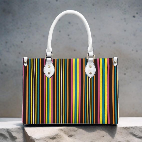 Retro Stripe PU Mod Stripe Handbag Colorful Mid Century Modern Purse | retro 60s 70s | Crossbody Shoulder White or Black Straps | 3 Sizes