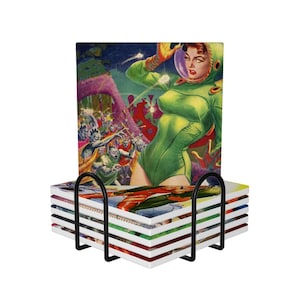 May include: A set of ceramic coasters featuring a retro sci-fi comic book illustration. The artwork depicts a woman in a green spacesuit, surrounded by zombies. The coasters are stacked in a black metal holder.