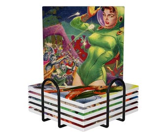 Retro Sci-Fi Pulp Coasters: 1950s Ceramic Drink Coasters with Metal Holder