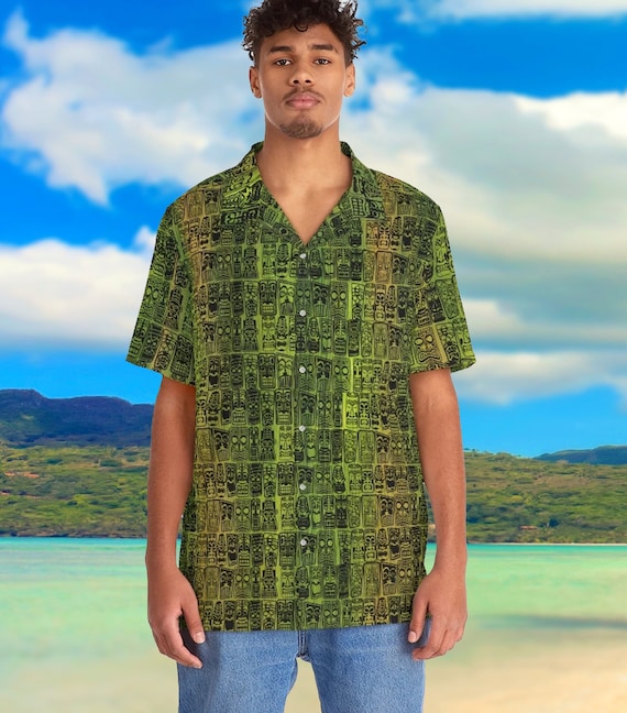 Retro Tiki Tropical Green Men's Hawaiian Shirt Mid Century Modern Tropical for your Tiki Party or MCM life. New Style with Pocket!