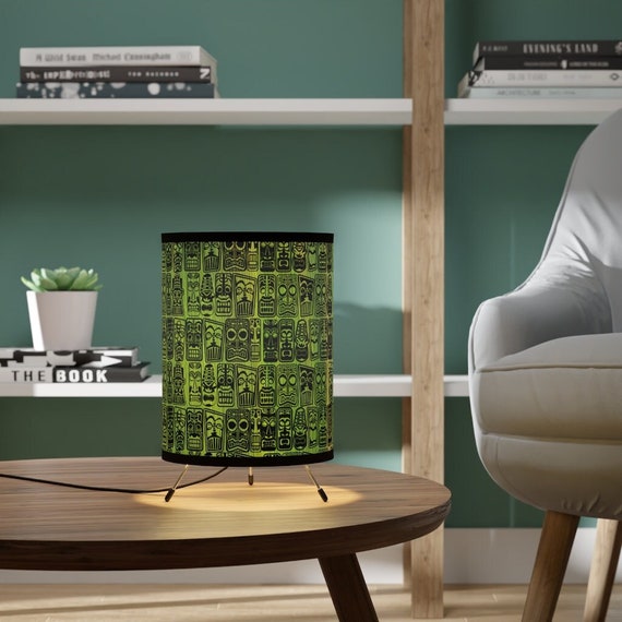 Retro Mid Century Modern Tropical Green Tiki Tripod Lamp with High-Res Printed Shade, US/CA plug MCM Tiki Lifestyle!