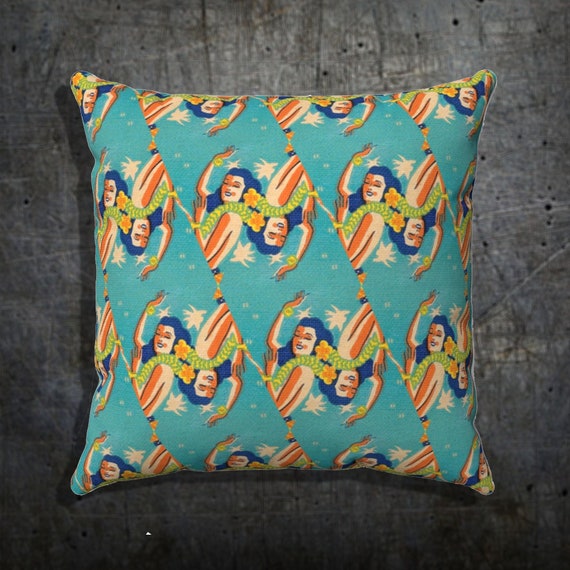 Retro Turquoise and Hula Girls Spun Polyester Square Pillow Case Vintage Classic Hawaii