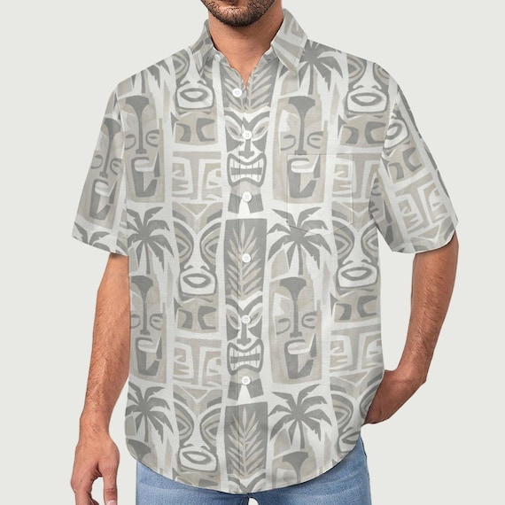 Retro Tiki Hawaii Faux Linen Shirt with Pocket | Tropical Hawaiian Button Up | Mid Century Resort Wear