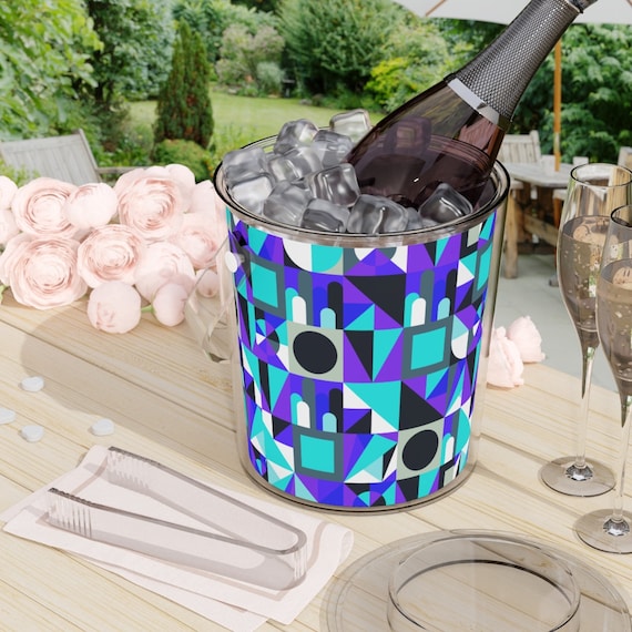 Retro Mid Century Modern Blue Purple Ice Bucket with Tongs