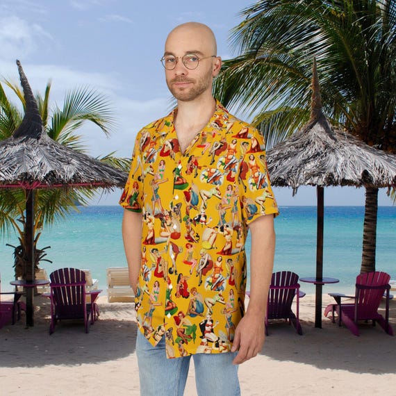 Vintage Pin-Up Hawaiian Shirt- 30s and 40s Cheesecake Art Burlesque Aloha Shirt - Retro Bombshell Print Rockabilly Mens Shirt