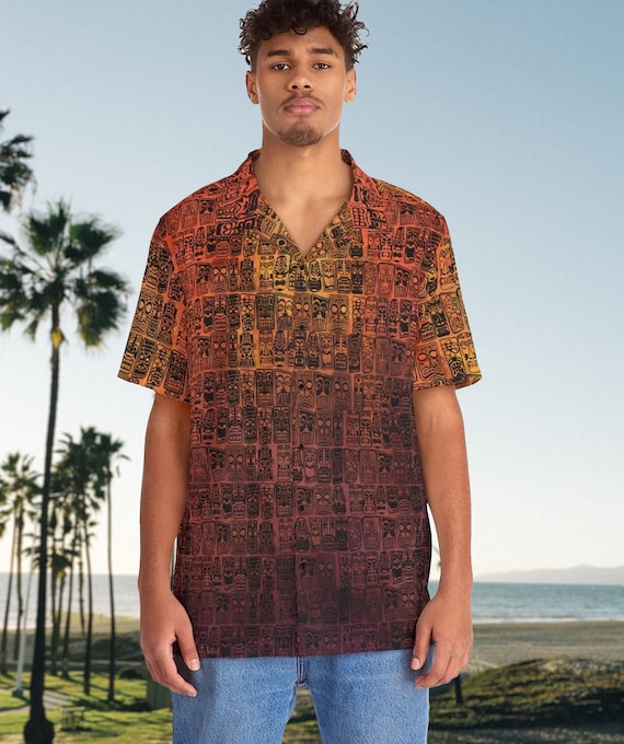 Retro Tiki Volcano Orange Men's Hawaiian Shirt Mid Century Modern Tropical for your Tiki Party or MCM life. New Style with Pocket!