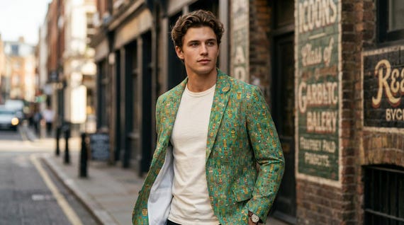 Retro Tiki Print Blazer: Men's Tropical Polyester Jacket