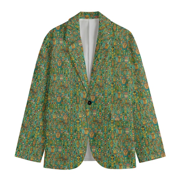 Retro Tiki Head COTTON All-Over Print Men's Casual Flat Lapel Collar Blazer | Mid Century Modern