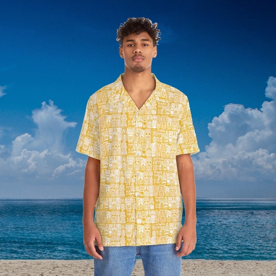 Retro Tiki Tropical Yellow and White Men's Hawaiian Shirt Mid Century Modern Tropical for your Tiki Party or MCM life.