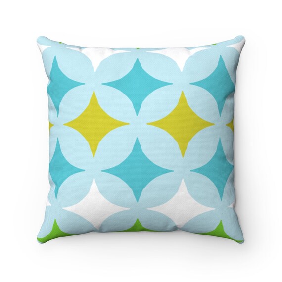 Retro Mid Century Modern "Dingbat" inspired Blue, Green and Yellow Spun Polyester Square Pillow Case