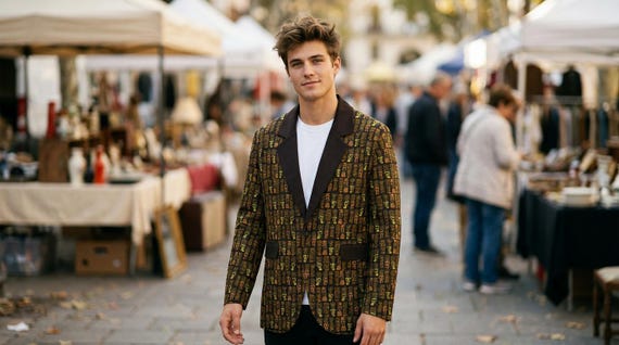 Retro Tiki Tuxedo Men's Casual Flat Lapel Collar Blazer Tropical Mid Century Modern chic