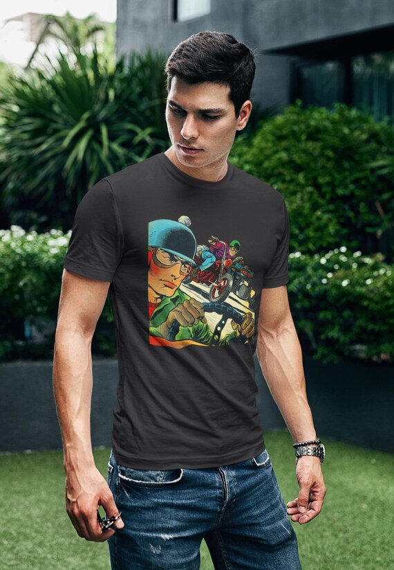 Retro 50's Race Cars and Motorcycles Comic Book Art Unisex Jersey Short Sleeve Bella+Canvas Tee Shirt MCM Brrrroooom!