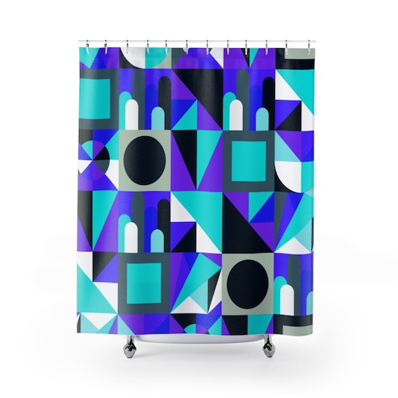 Retro 80's Shower Curtain / Memphis Design Inspired Blue / Purple / 71" x 74"  / Ride the New Wave as you shower!