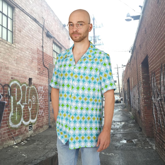 Mid Century Modern Hawaiian Shirt, Retro Blue Green 50s MCM Design, Tiki Bar Night, Unisex Aloha Top, Vintage Button-Up, Summer Beachwear