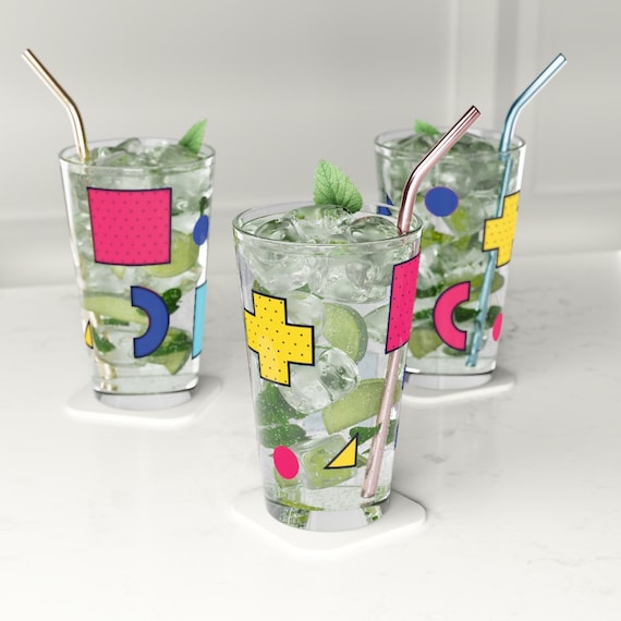 Retro 80's Memphis Style Design Pint Glass, 16oz, Ride the New Wave in 1980's style as you tip a Pint