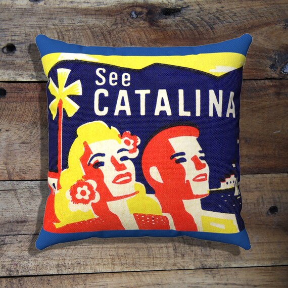 Retro 1930's Art Deco Travel Visit CATALINA ISLAND Spun Polyester Square Pillow Case