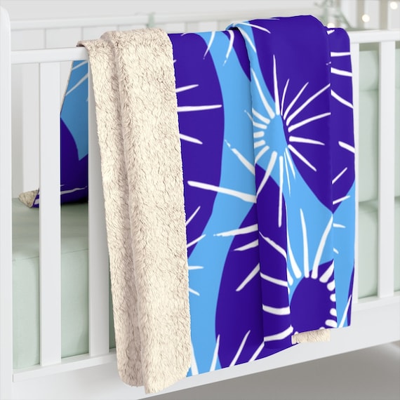 Retro Sherpa Fleece Blanket Mid Century Modern "Dingbat" inspired Blue and Purple, 2 sizes