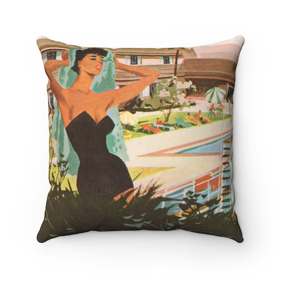 50's Mid Century Modern Retro Resort on Spun Polyester Square Pillow Case, 5 Sizes, Poolside retro Gift for the MCM fan.