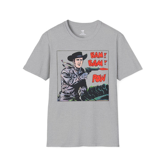 Vintage Cowboy Retro Comic Book Unisex Softstyle T-Shirt with Shooting Bam Bam Pow Horse, Western Tee, Graphic Novel Clothing, Old West