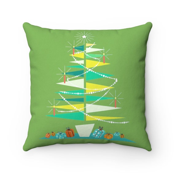 Retro Mid Century Modern Christmas Tree on a Spun Polyester Square Pillow Case, Merry Christmas!