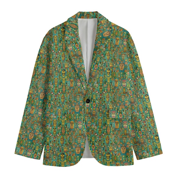 Retro Tiki Green Men's Casual Flat Lapel Collar Blazer for that Mid Modern Tropical Life