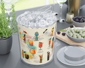 May include: A clear plastic ice bucket with a tropical cocktail menu printed on the side. The bucket is filled with ice and has a matching clear plastic lid and tongs.