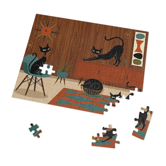3 Mid Century Black Cats at Home Jigsaw Puzzle with Tin | Retro Atomic Cat Art Puzzle