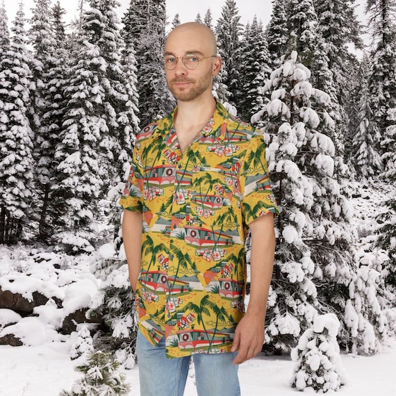 Retro Trailer Park Santa Hawaiian Shirt, Mid Century Modern Tropical, Tiki Christmas Party, MCM Holiday Men's Button-Down, Unisex Aloha Top,