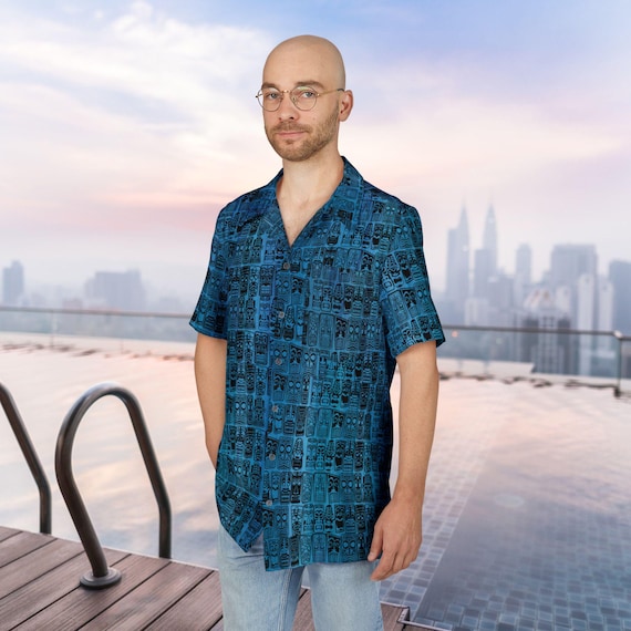 Retro Tiki Hawaiian Shirt, Mid Century Modern Ocean Blue Button-Down, Tiki Party Men's Shirt, Vintage Hawaiian Shirt, Hawaiian Beach Wedding