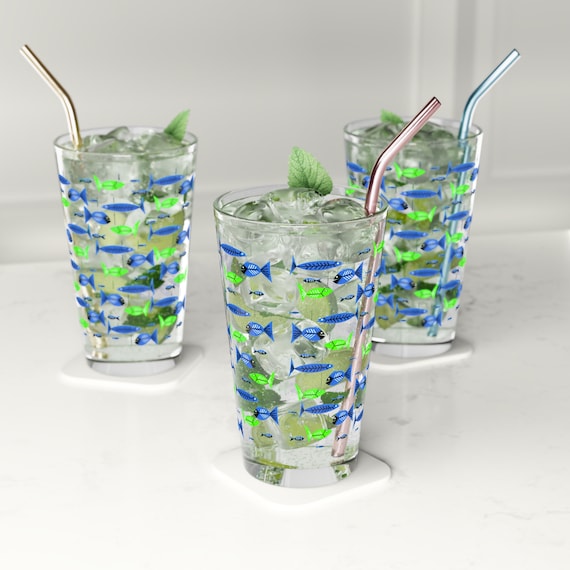 Tiki Party Pint Glass, 16oz, Retro 50's Tropical Fish Pint Glass, Mid Century Modern, Fun Luau Drinkware, Retro Barware for Cocktails,