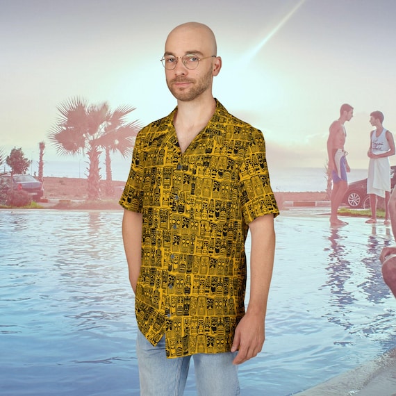 Retro Tiki Hawaiian Shirt, Men's Button-Down, Mid Century Modern Tropical, Yellow & Black, Pocket, Tiki Party, MCM Life, Unisex Aloha Top,