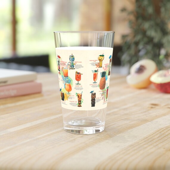 Retro Tropical Tiki Drink menu on a Pint Glass, 16oz, Mid Century Modern Tiki Bar perfect gift